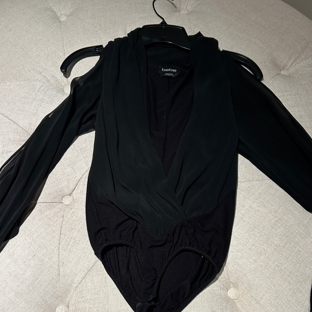 bebe Black Draped V-Neck Long Sleeve Bodysuit